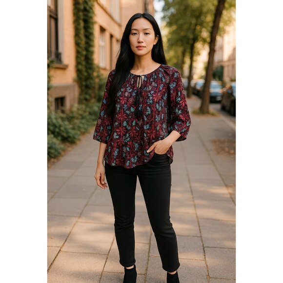 Daniel Rainn Womens Floral Print 3/4 Sleeve Blouse Size Extra Small Black & Burg - Picture 9 of 14